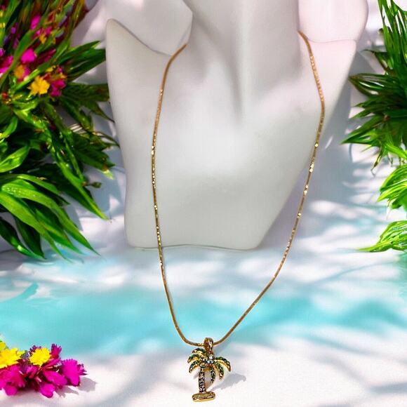 New Palm Tree Coconuts Austrian Crystal Gold-Tone Shiny Pendant Necklace! - Picture 1 of 10